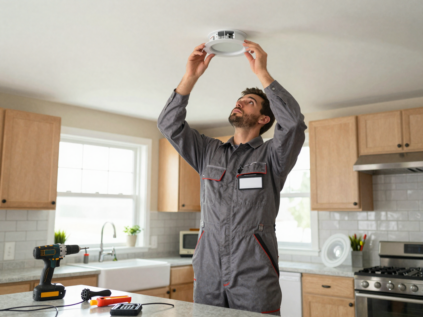 Professional electrician installing recessed light fixture in kitchen