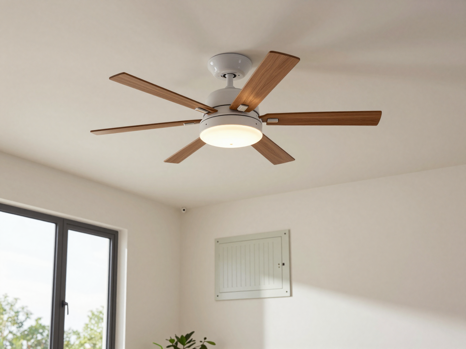 Living room with freshly installed ceiling fan and electrical panel